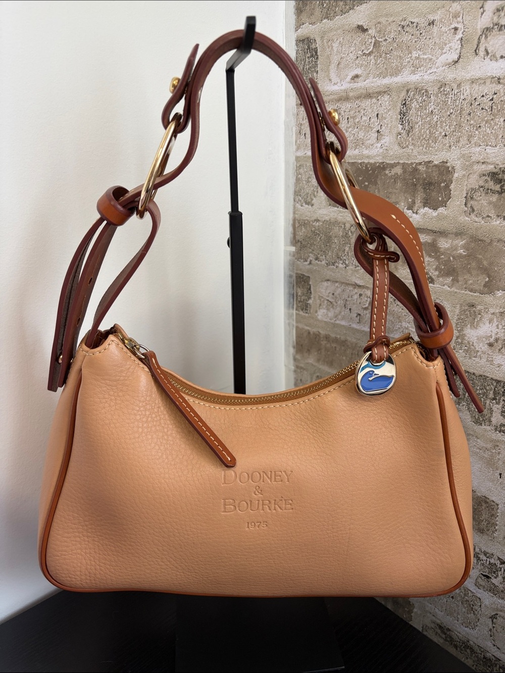 Dooney & Bourke Peach/Tan Leather Shoulder Bag with Contrast Strap